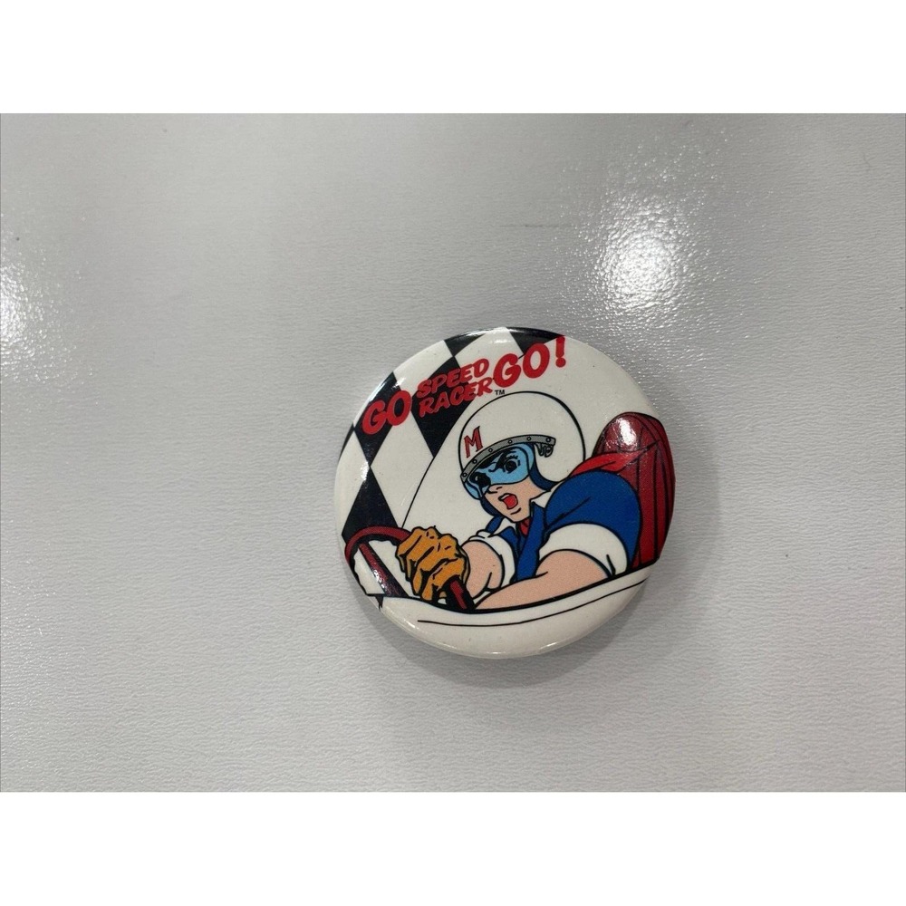 Vintage 80's Go Speed Racer Go White Button Pin Pinback